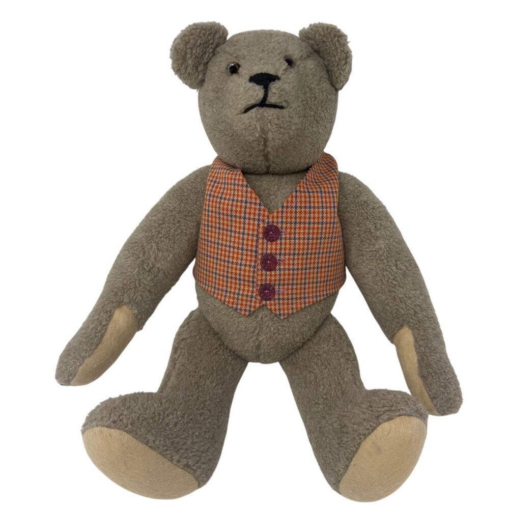 Vintage 70s Jointed Teddy Bear Plush Classic Plaid Vest Collectible Stuffed Bear
